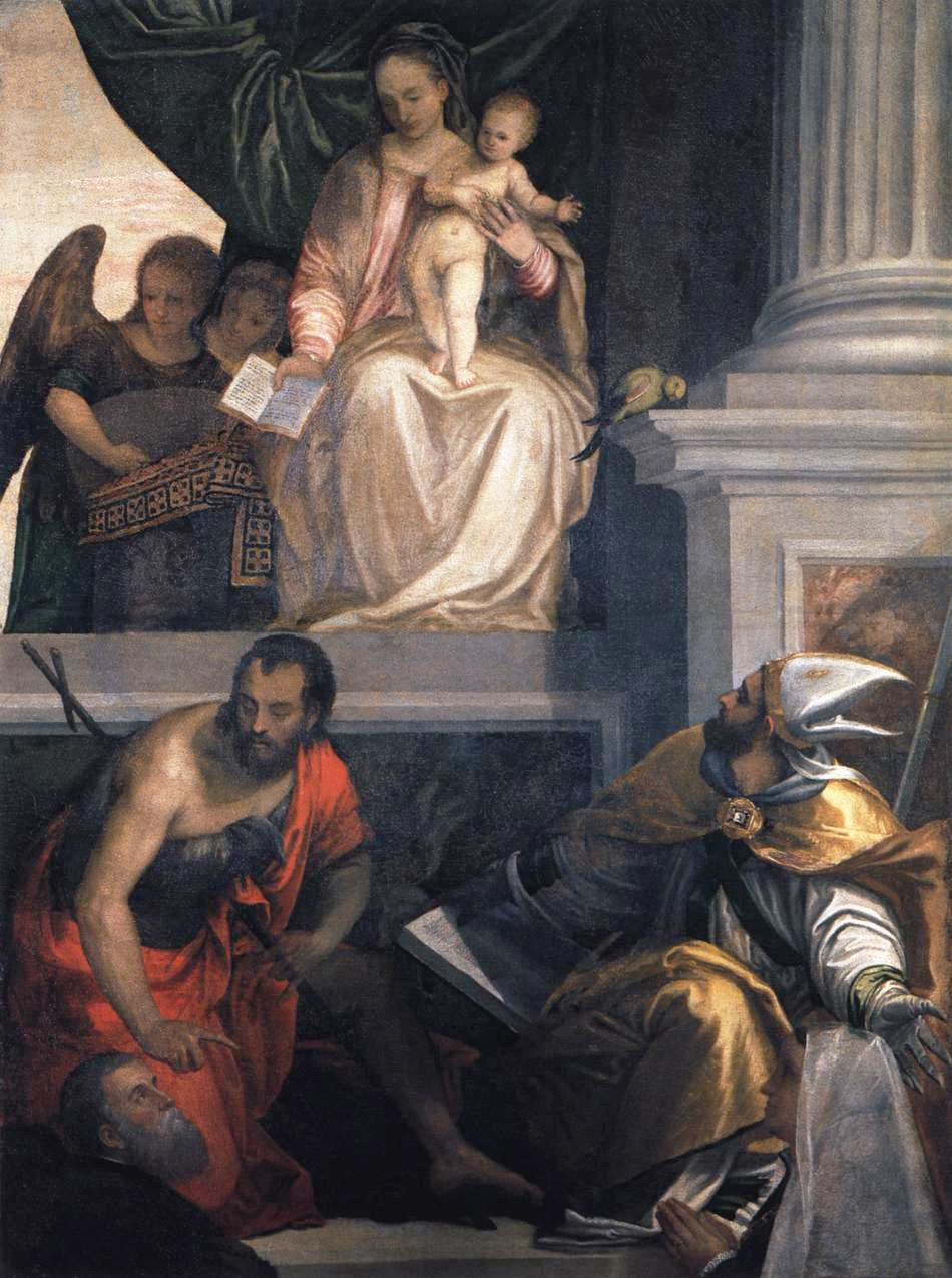 madonna enthroned with child saint john the baptist saintt louis of toulouse and donors